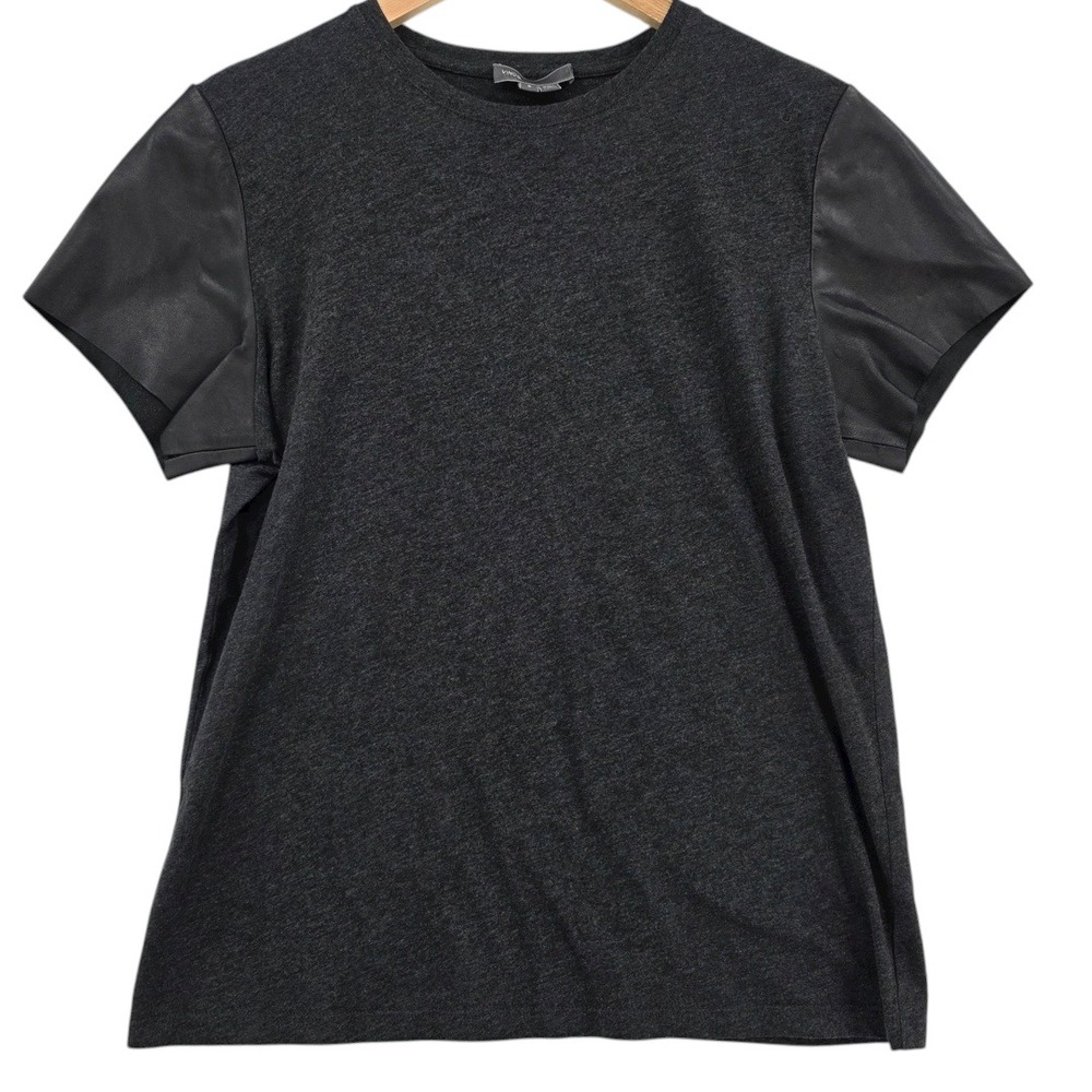 Vince Womens S Black Lamb Leather Sleeve T Shirt - Picture 2 of 12